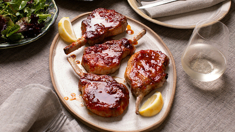 Harissa Honey Pork Chops with Fingerling Potatoes & Harissa Mayonnaise