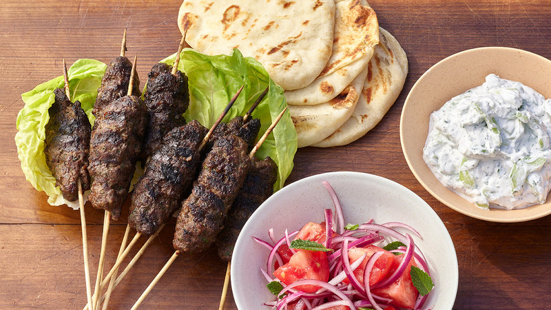 Spiced Beef Kebabs with Yogurt-Tahini Sauce and Pickled Onions
