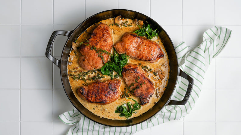 Pork Chops with Mustard Cream Sauce, Mushrooms and Sauteed Spinach