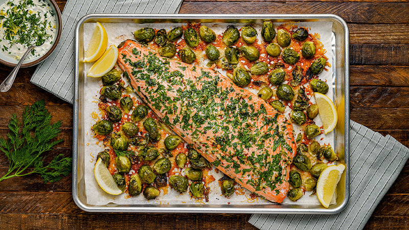 Sheet Pan Garlic and Herb Crusted Alaskan Coho Salmon with Parmesan Brussels Sprouts