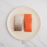 Two salmon filets on plate. One is skin up and one is skin down.